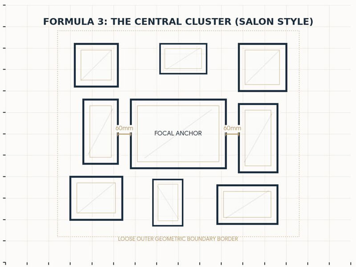 Central cluster salon style gallery wall Gallery wall with central cluster salon style layout