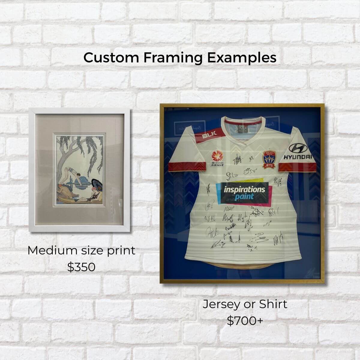 Examples of custom framing including art and jersey