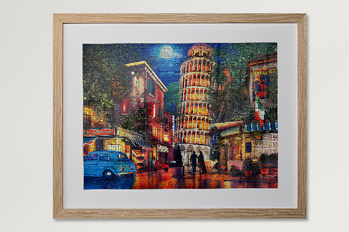 Jigsaw puzzle framed in oak frame with white matboard