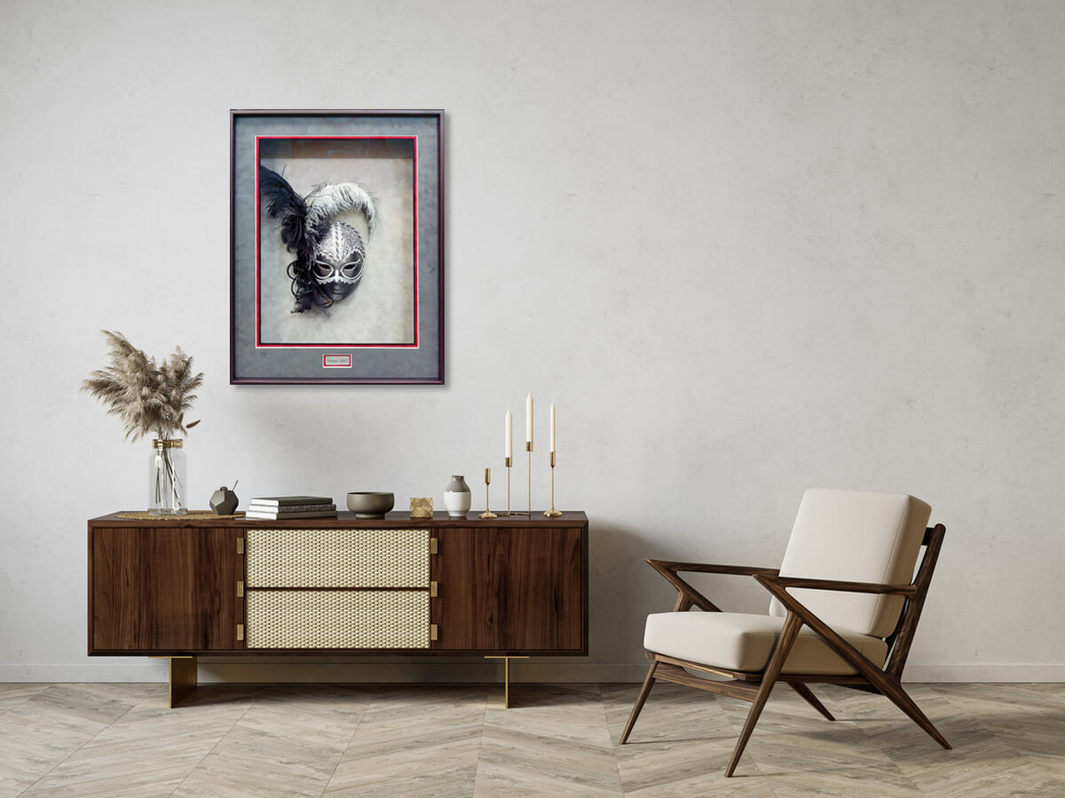 Framed 3D opera mask artefact